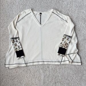 Free People Oversized Cream Top With Leopard Print Sleeves